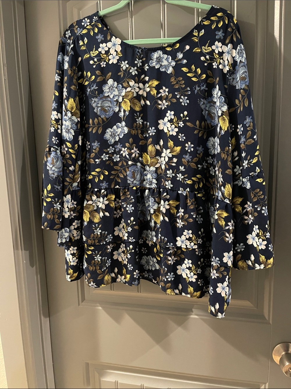 Time and Tru Navy Floral Ruffle Peplum Top